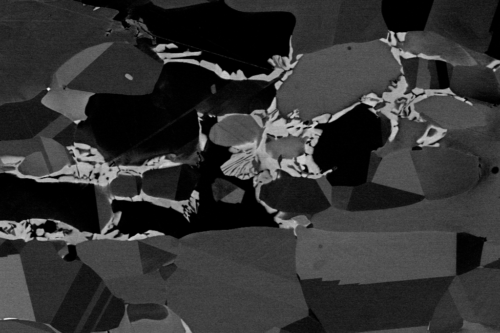 SEM image of sigma precipitates in a ferrite austenite matrix in a hyper duplex steel