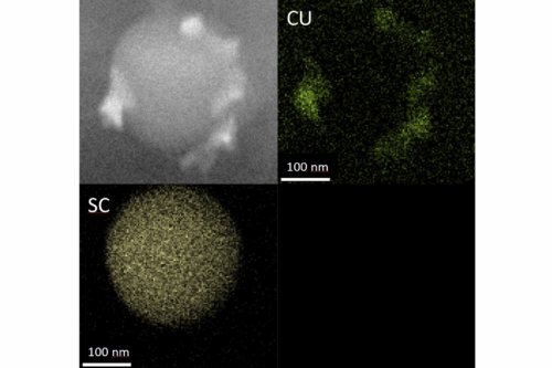 Secondary Cu rich precipitates on a Sc rich precipitate in an Al matrix