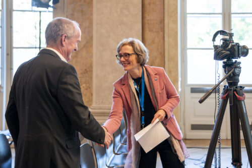 Karin Hofmann welcoming Anton Friedl at his interview