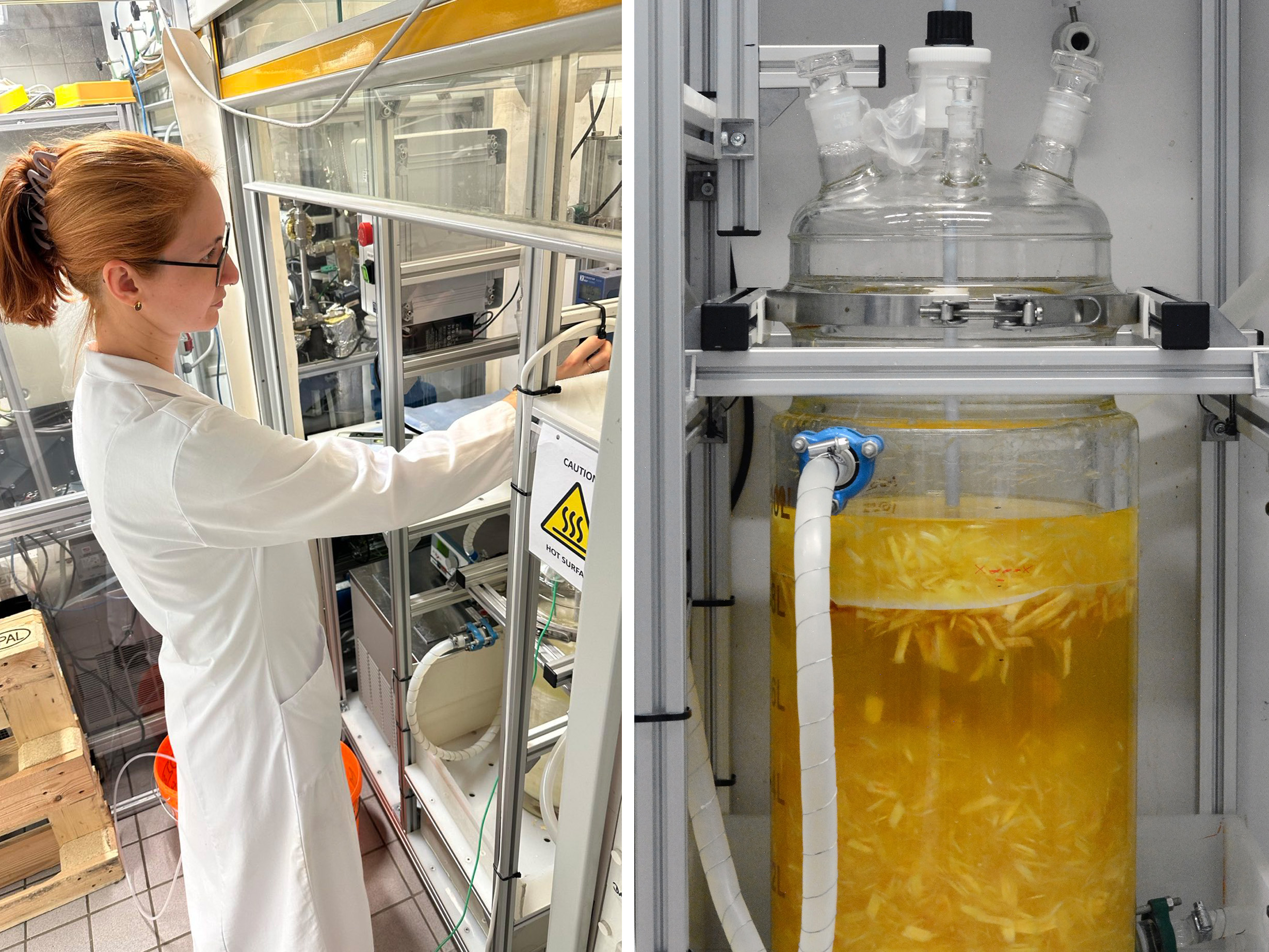 Cornelia Hofbauer operating the custom glass reactor used for peracetic-acid pulping