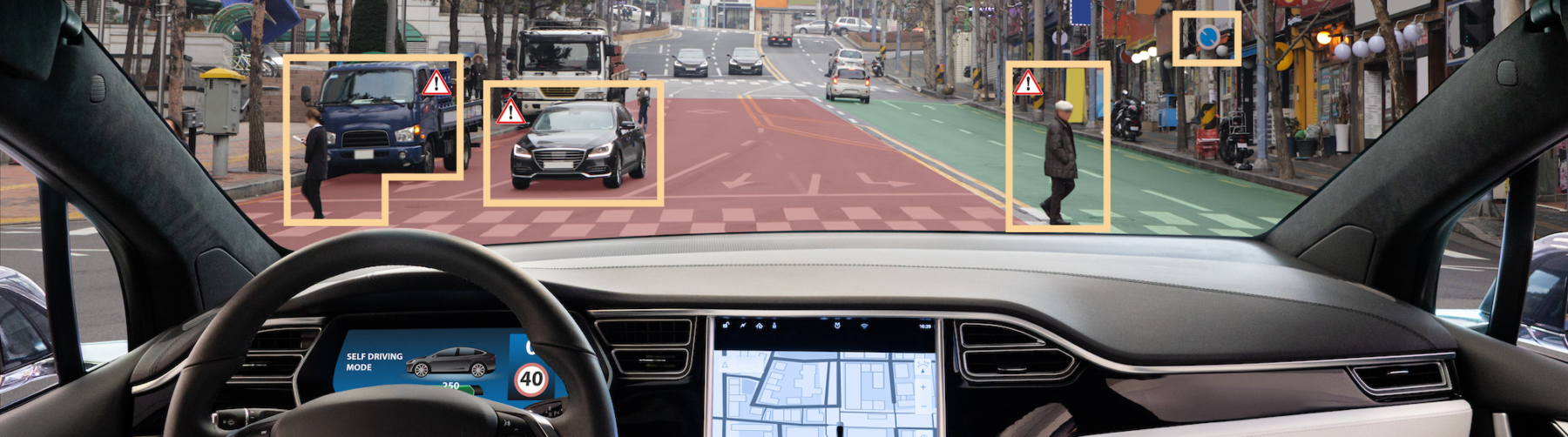 [This image appears to be a view from the inside of a car that is equipped with an advanced driver-assistance system (ADAS) or self-driving capabilities. The dashboard shows a large digital screen that displays a map and the car's current speed, which is 40 km/h. The windshield view presents a busy street scene, overlaid with various highlighted objects that the car's system is presumably tracking: Pedestrians crossing the road are highlighted with yellow boxes, indicating the car's awareness of their presence for safety reasons. Other vehicles on the road are also highlighted with yellow boxes, showing that the system is tracking their position and movement. Traffic signs, such as a pedestrian crossing warning, a stop sign, and directional arrows, are outlined, suggesting that the system is recognizing traffic signals for navigation and compliance purposes. The car's rearview mirror reflects the backseat, implying that the system has a full 360-degree monitoring capability. This technology exemplifies the advancements in autonomous driving, showcasing how vehicles can perceive their environment to navigate safely.] (Text generated by ChatGPT4)