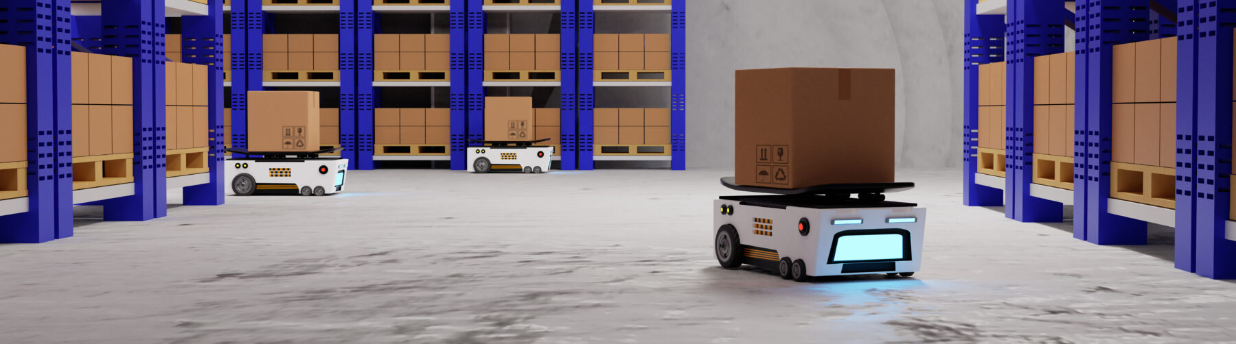 [This image depicts a warehouse interior with an automated robotic system in operation. The warehouse has tall blue racking filled with uniformly sized brown cardboard boxes. There are at least three robots in view; they appear to be automated guided vehicles (AGVs) equipped with shelves to carry boxes. These robots have a white body with black and yellow caution tape design elements, signaling industrial use. The front of each robot has a blue light screen, possibly for status indication or interaction. The floor is a polished grey surface, reflecting a bit of the environment, and the overall lighting is bright, suggesting an efficient, modern logistics or distribution center setup.] (This text is generated with ChatGPT4)