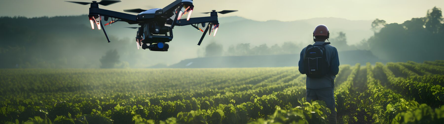 [This image depicts a scene set in a field during what appears to be early morning or late afternoon, judging by the soft lighting. In the foreground, there is a large, professional-looking drone hovering in the air with red lights on its arms, suggesting it's active. The drone has four rotors and is equipped with a camera and other sensors. It is facing a person who is standing in the middle ground, observing or controlling it. This individual is wearing a dark helmet, a blue jacket, and is carrying a backpack, indicating they might be a professional drone operator. The person is facing away from the camera, looking at the drone. The background features rows of crops extending towards the horizon, with trees and a hazy mountain range in the far distance, all bathed in a warm, hazy light that suggests either a sunrise or sunset ambiance. The overall setting suggests that the drone may be used for agricultural purposes, perhaps surveying or monitoring the crops.] (Text generated by ChatGPT4)
