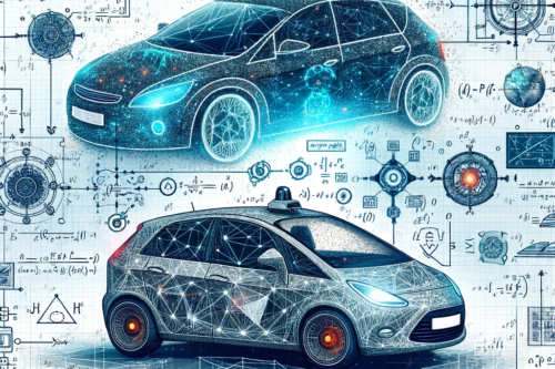 This image contains two self-driving cars with mathematical equations on the side that is a symbol for modeling requirements.