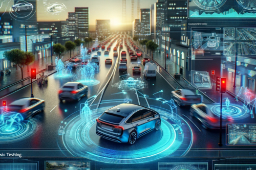 [A dynamic depiction of self-driving cars being tested in a digital twin environment, focusing on scenario-based testing.] Text generated by ChatGPT4