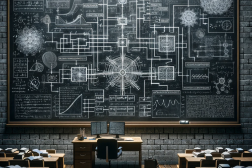 [A conceptual image showcasing formal methods in computer science, with a focus on a detailed diagram of a state machine drawn on a blackboard.] Text generated by ChatGPT4