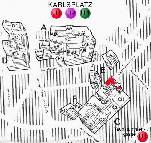 Excerpt from the Vienna city map showing the buildings of the Vienna University of Technology and the Institute of Telecommunications