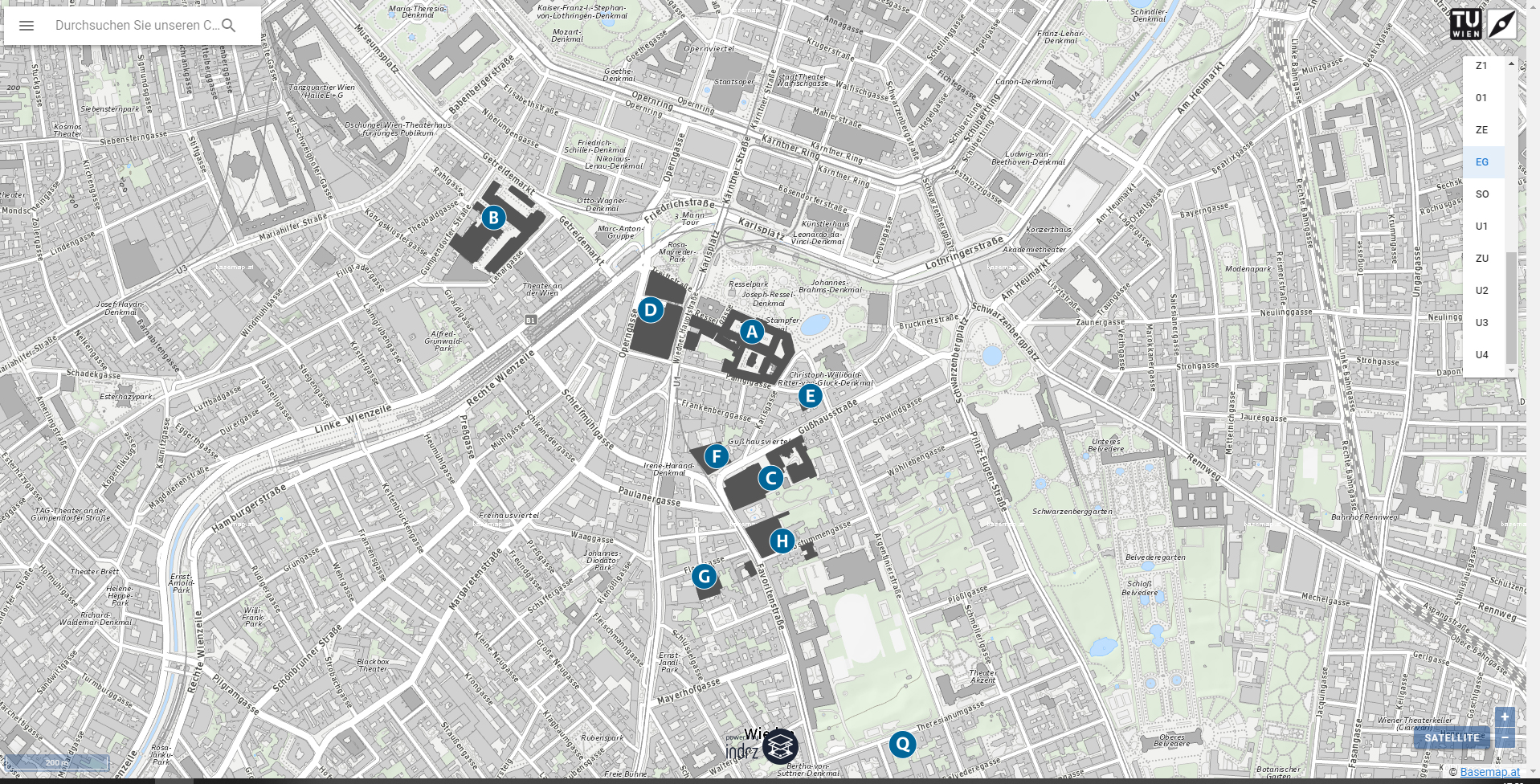 Ausschnitt des Campus Areals der TU Wien aus dem Programm TUmaps