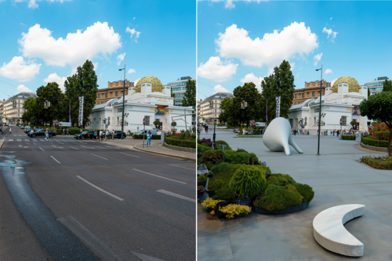 Vorher/nacher-Bild von der Wiener Secession. Einmal mit Straße und Verkehr und einmal ohne Straße und mit Begrünung und Platz für Fußgänger_innen.