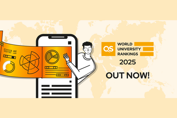 Grafik QS World University Rankings 2025 in Orangetönen. Schematische Weltkarte im Hintergrund, Mobiltelefon im Vordergrund mit gezeichneter Person, die auf das Display zeigt.