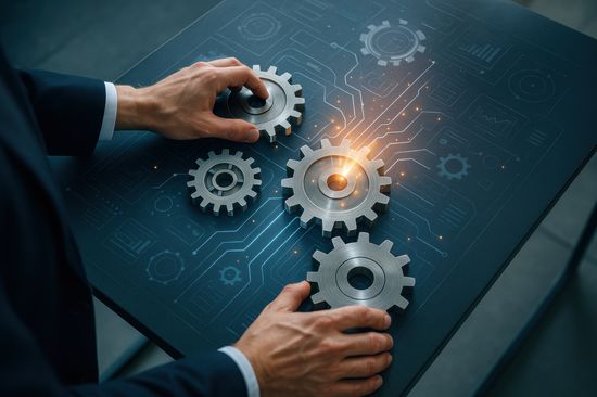 Ineinandergreifende Zahnräder: Nahaufnahme der Hände eines Geschäftsmannes, der präzisionsgefertigte Zahnräder sorgfältig anordnet, um miteinander verbundene Prozesse, Zusammenarbeit und Kooperationsstrategien hervorzuheben