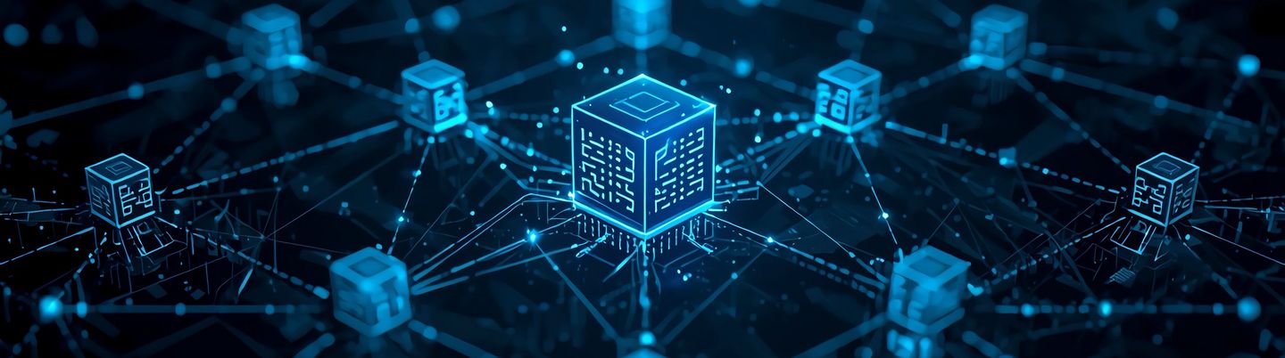Edge-Computing-Konzept mit verteilten Servern, die durch Lichtstrahlen auf dunklem Hintergrund mit blauem Schimmer verbunden sind