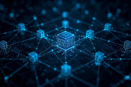 Edge-Computing-Konzept mit verteilten Servern, die durch Lichtstrahlen auf dunklem Hintergrund mit blauem Schimmer verbunden sind