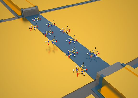 Das Licht gelangt vom Laser (oben) außen am plasmonischen Wellenleiter (blaues Band) zum Detektor (unten rechts). Dabei wird es, je nach Zusammensetzung der Flüssigkeit, unterschiedlich stark absorbiert. Das Licht gelangt vom Laser (oben) außen am plasmonischen Wellenleiter (blaues Band) zum Detektor (unten rechts). Dabei wird es, je nach Zusammensetzung der Flüssigkeit, unterschiedlich stark absorbiert.