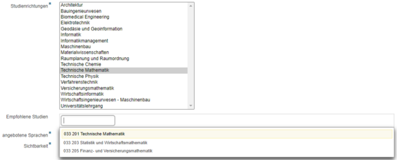 Screenshot: TISS Zuordnung "Empfohlene Studien"