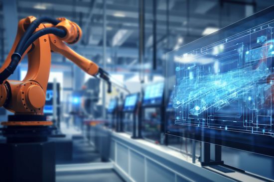 Modern hi-tech facility with automated line and AI-controlled robotic hands for hi-precision assembling of complex mechanisms.