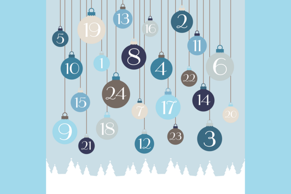 Adventkalender, Hintergrund blau, Christbaumkugeln mit Nummern