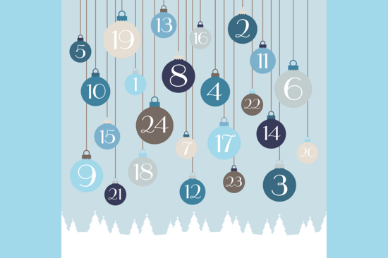Adventkalender, Hintergrund blau, Christbaumkugeln mit Nummern