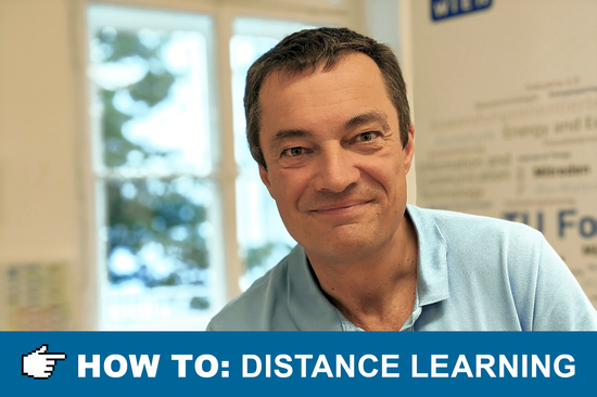 Portraitfoto von Norbert Fiala, darunter eine Cursor-Hand, die auf den Text "How to: Distance Learning" zeigt.