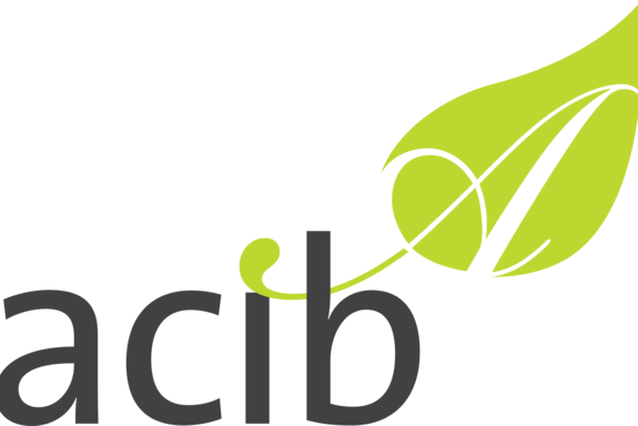 [Translate to English:] Logo mit Schriftzug "acib" und grünem Blatt rechts oberhalb