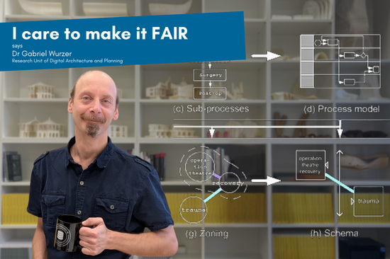 Das Bild zeigt einen Mann, der einem Trinkbecher in der Hand hält und vor einem Regal mit Modellen steht. Rechts neben der Person ist ein Fließschema angedeutet, über der Person sieht man einen Schriftzug.