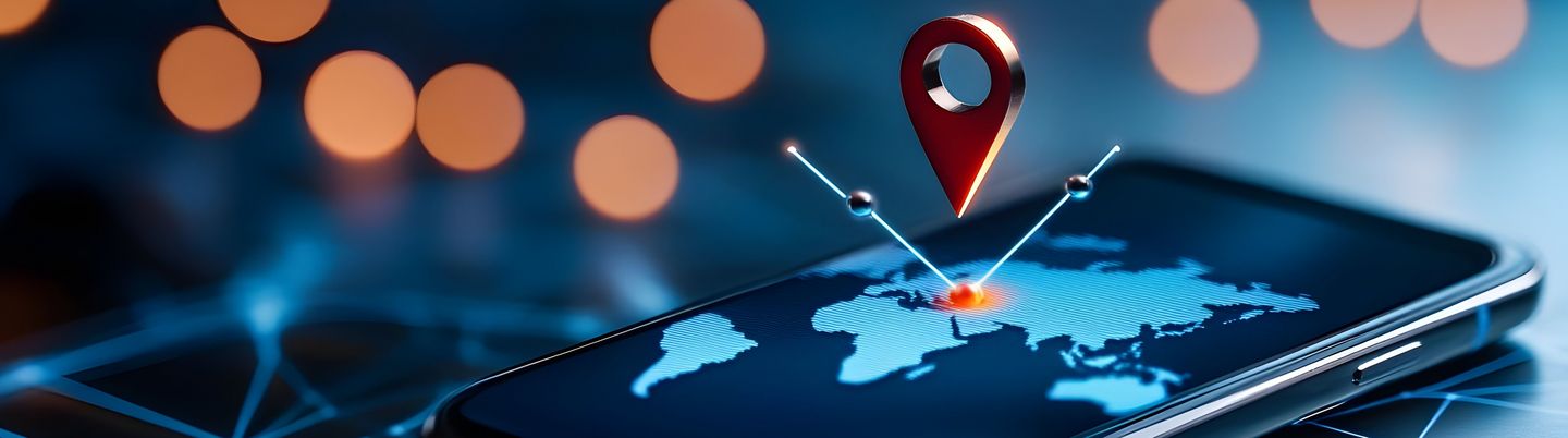Smartphone with map location pin graphic.