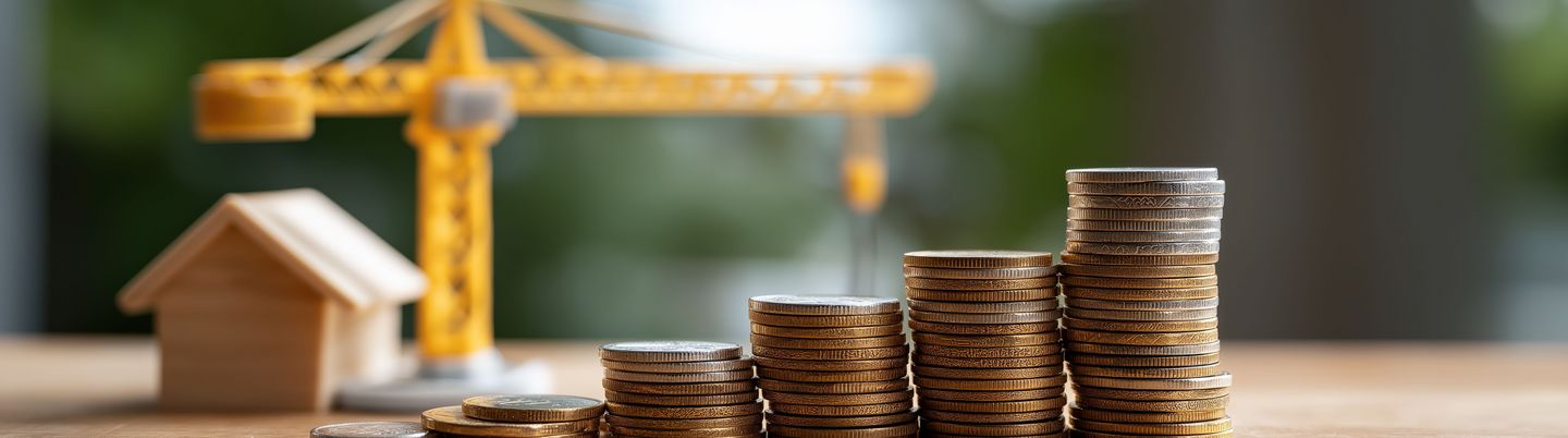 Stacks of coins with wooden house and construction crane in background depicting real estate investment growth