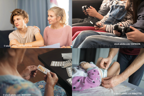 Collage mit 4 rechteckigen Bildern - vlnr: Frau, die an der Seite eines Jugendlichen sitzt, der sich wegdreht, mit Playstations spielende Kinder, ältere Person mit einer Lage Tabletten in Händen, Mann beim Wickeln eines Babys.