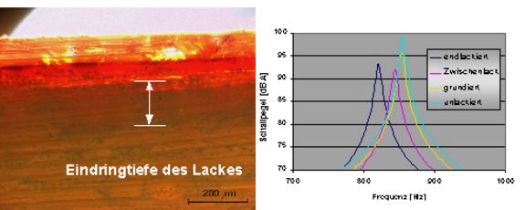 Abb.6: Eindringtiefe des Lacks (Mikroskopaufnahme links) und unterschiedliches Dämpfungsverhalten je nach Lackverarbeitungszustand (rechts)