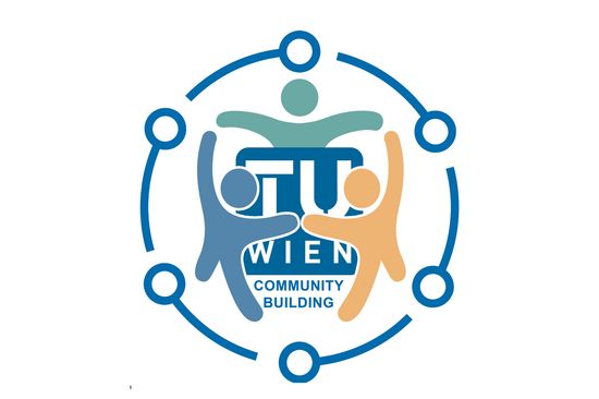 TU Logo in blau weiß, darübergelegt drei Firguren