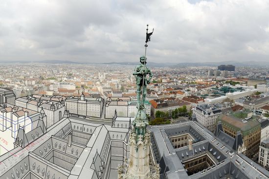 Die Dächer Wiens, kombiniert mit Computerrenderings