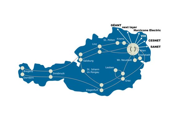 Blaue Karte Österreichs mit den eingezeichneten ACONET-Mitgliedern.