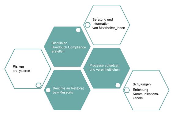 Grafik zum Thema Compliance Maßnahmen. Genauere Informationen dazu finden Sie direkt danach im Text. Zu den Compliance Maßnahmen zählen Risiken analysieren, Richtlinien und Handbuch Compliance erstellen, Berichte an Rektorat und Ressorts, Beratung und Information von Mitarbeiter_innen, Prozesse aufsetzen und vereinheitlichen sowie Errichtung von Kommunikationskanälen beispielsweise Schulungen.