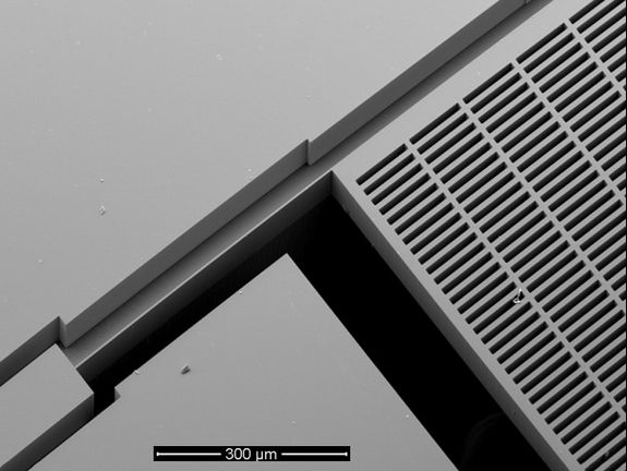 Elektronenmikroskop-Aufnahme des Sensors: Licht dringt durch winzig kleine Schlitze Elektronenmikroskop-Aufnahme des Sensors: Licht dringt durch winzig kleine Schlitze