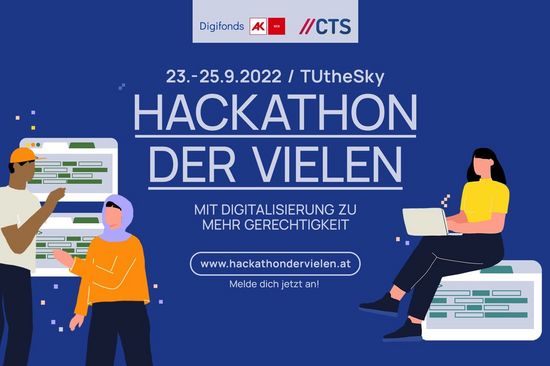 Flyer Hackathon der Vielen blauer Hintergrund, dazwischen Schriftzug Hackathon, links und rechts daneben Menschen gezeichnet