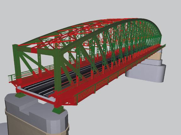 Sanierungsbedarf der Eisenbahnbrücke Linz: Die rot markierten Teile müssten ausgetauscht werden. (Foto: Stadt Linz)