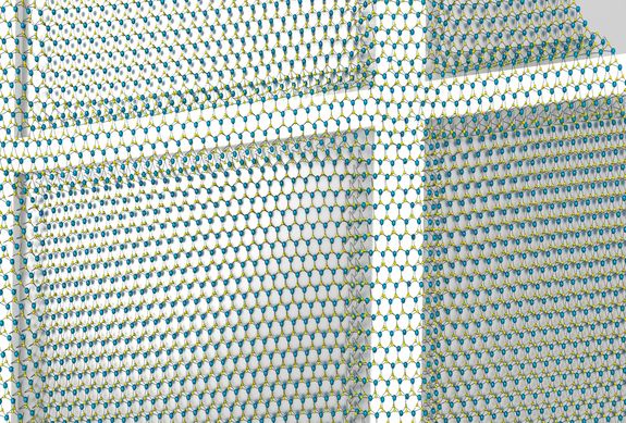 Wie ein Gummituch, das über ein Gerüst gebreitet wird, verbiegt sich auch die ultradünne Schicht auf atomarer Skala. Wie ein Gummituch, das über ein Gerüst gebreitet wird, verbiegt sich auch die ultradünne Schicht auf atomarer Skala.