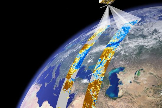 METOP nimmt mit den sechs Radarantennen des Advanced Scatterometers (ASCAT) den Wassergehalt des Bodens auf.