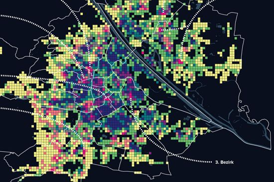 Wienkarte auf schwarzem Hintergrund. Kleine bunte Kästchen zeigen, wieviele schmale Gehsteige und Menschen der Altersgruppe 65+ es in den jeweiligen Gebieten gibt.