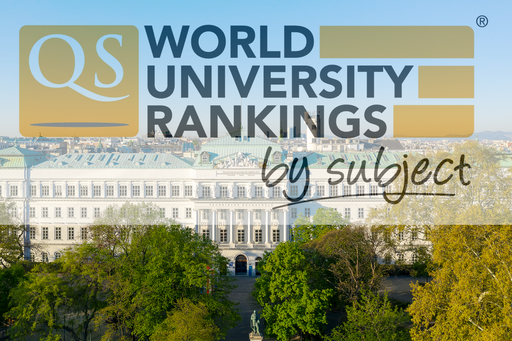 TU Wien Drohnenbild mit Bäumen des Resselparks im Vordergrund. Im Hintergrund da Hauptgebäude, darüber, transparent, der Schriftzug mit Logo QS World University Rankings by Subject