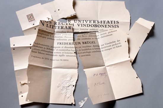 Zerrissene Promotionsurkunde, gesendet von Fritz Brügel an den Rektor der Universität Wien am 21. November 1931; Archiv der Universität Wien 