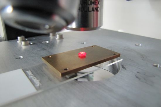 [Translate to English:] Ein künstlicher Diamant unter dem optischen Mikroskop. Da der Diamant viele Stickstoff Fehlstellen enthält, fluoresziert er in roter Farbe.