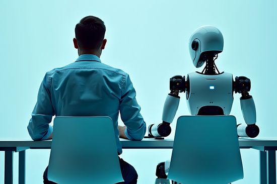 [Translate to English:] Robot sits next to man at a table