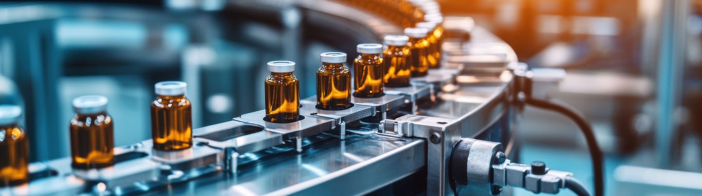 Eine Produktionslinie zum Abfüllen von Flüssigkeiten in Laborflaschen, Edelstahlmaschinen zum Abfüllen von Flüssigkeiten in Fläschchen oder Flaschen. Betonen Sie die Präzision und den Hightech-Charakter der Produktionslinie.