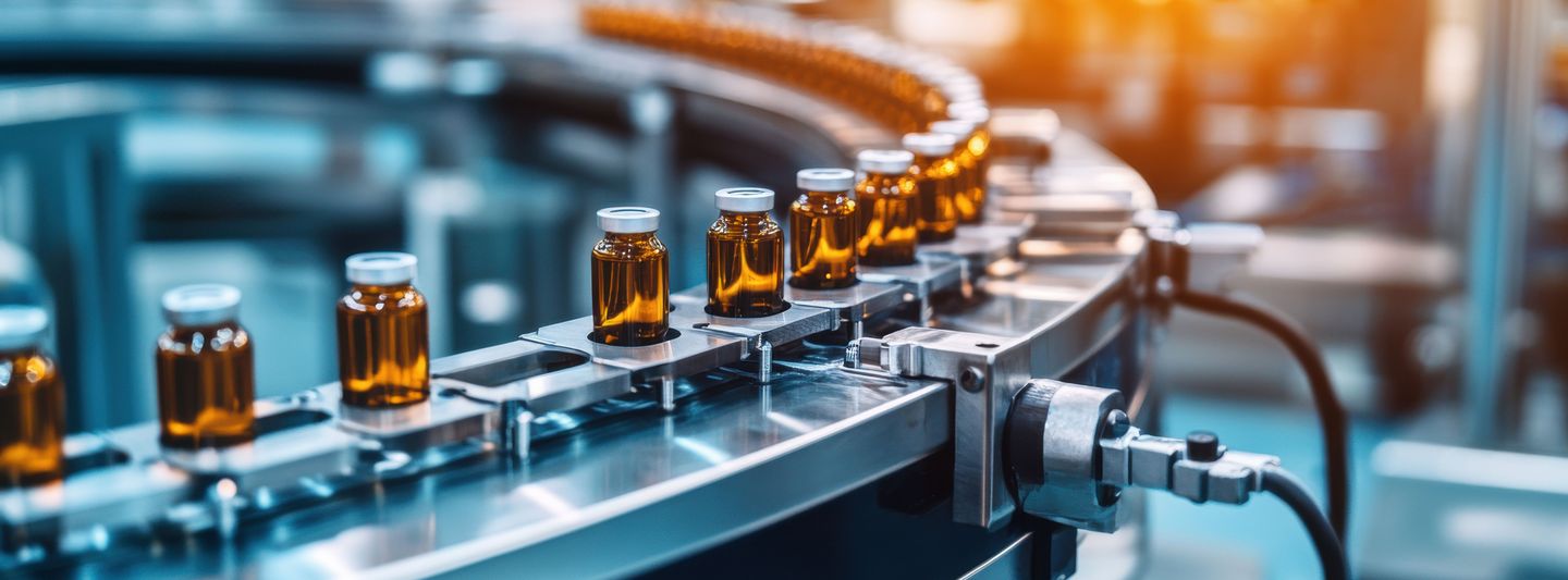 Eine Produktionslinie zum Abfüllen von Flüssigkeiten in Laborflaschen, Edelstahlmaschinen zum Abfüllen von Flüssigkeiten in Fläschchen oder Flaschen. Betonen Sie die Präzision und den Hightech-Charakter der Produktionslinie.