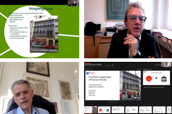 Lehrgangsleiter und Vortragender sowie die Studierendenpräsentationen in der Videokonferenz