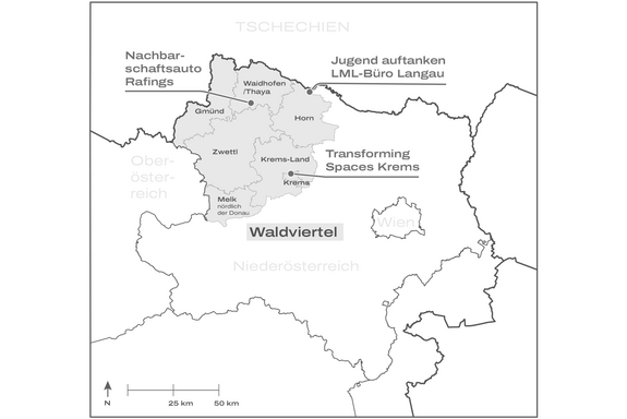 Karte von Wien und Niederösterreich, mit dem Waldviertel und den Projektstandorten eingezeichnet.
