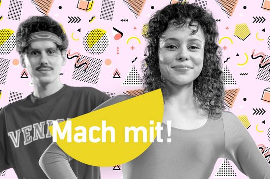 Rosa Hintergrund mit gezeichneten geometrischen Figuren. Davor zwei junge Personen in Sportbekleidung, die an die 1980er erinnert.