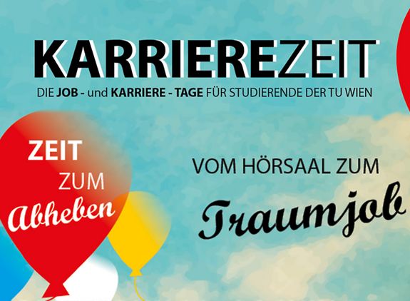 Karriere-Zeit-Flugblatt mit Luftballon-Grafik, den Facts und dem Motivationsspruch "Zeit zum Abheben".