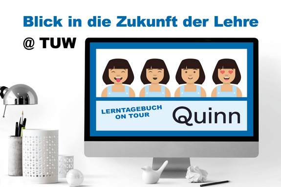 Monitor mit Quinn Logo, daneben Lampe in silber und Stiftbecher in weiß